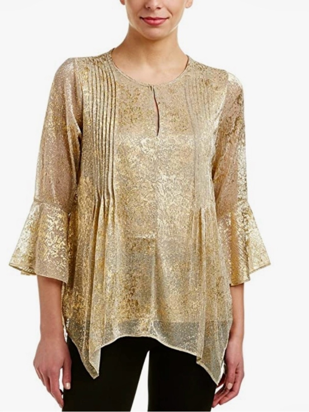 T Tahari Metallic Gold Pintuck front Bell Sleeve Tunic top blouse sharkbite hem